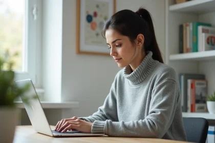 Femme en télétravail sur ordinateur portable dans un bureau à domicile bien organisé, représentant un emploi stable en CDI à distance