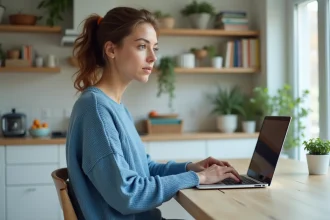 Jeune femme travaillant sur son ordinateur dans une cuisine chaleureuse