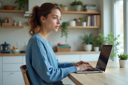Jeune femme travaillant sur son ordinateur dans une cuisine chaleureuse