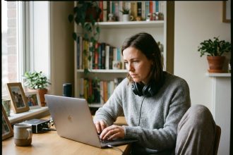 Femme en loungewear travaillant sur un ordinateur à la maison