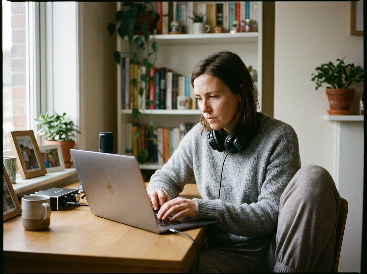 Femme en loungewear travaillant sur un ordinateur à la maison