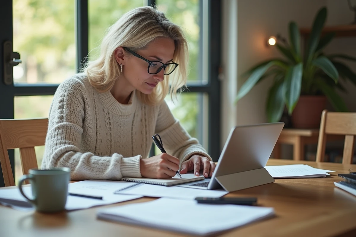 Femme moyenne age prenant des notes lors de son travail &agrave; domicile
