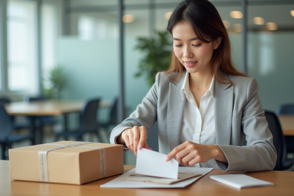 Femme triant différents emballages dans un bureau lumineux