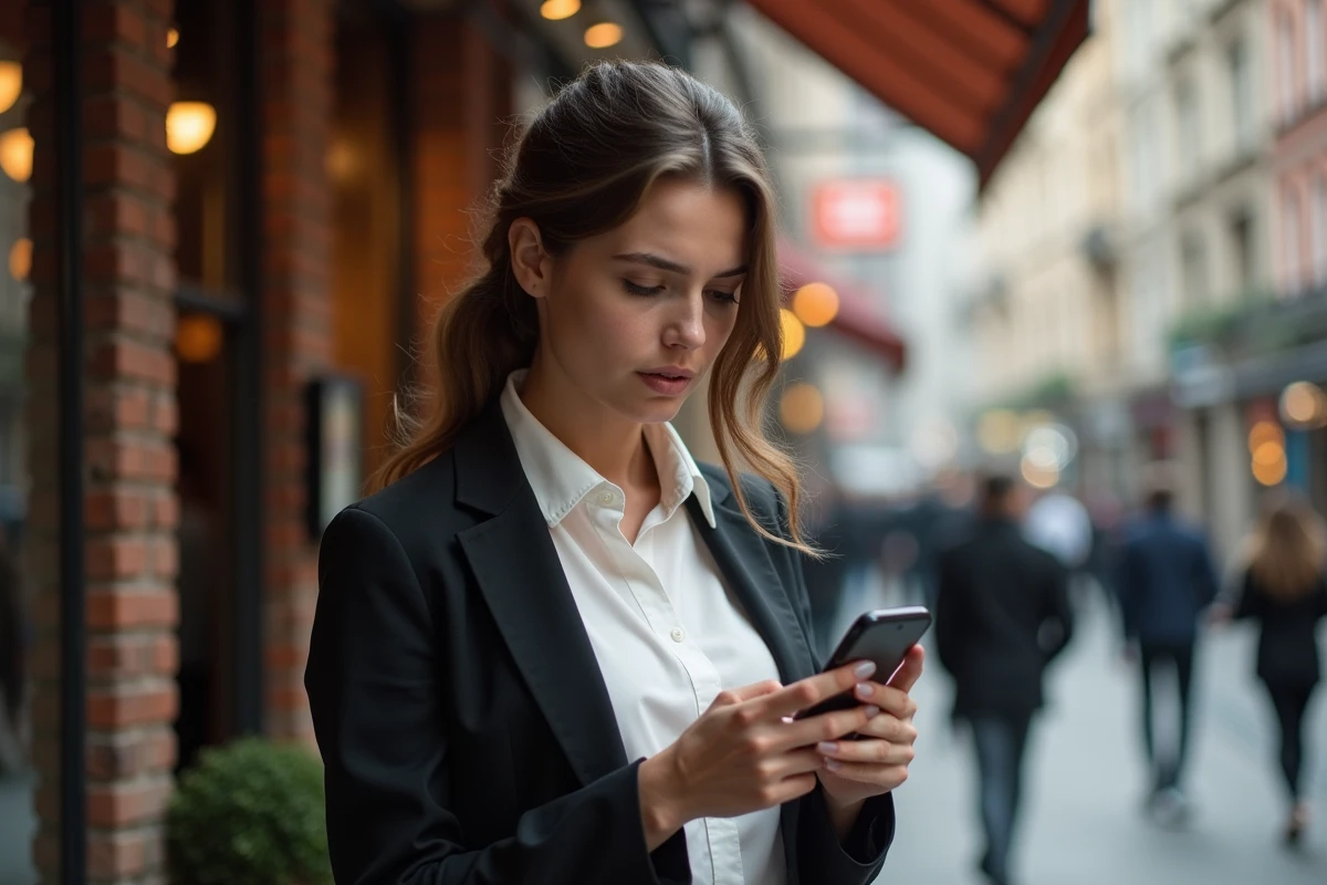 Jeune femme dans une rue de ville avec smartphone