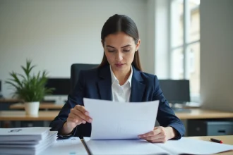 Fonctionnaire territoriale catégorie A en bureau municipal examinant des documents administratifs