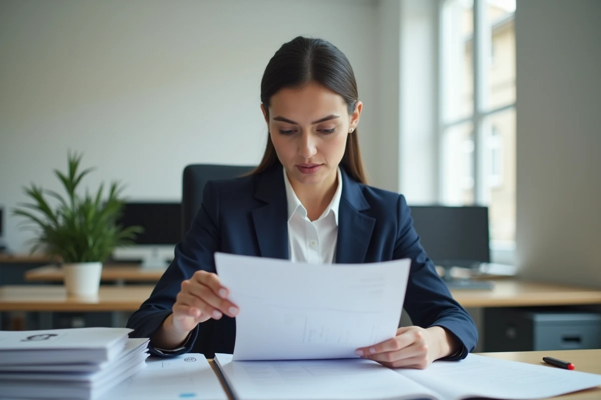 Fonctionnaire territoriale catégorie A en bureau municipal examinant des documents administratifs