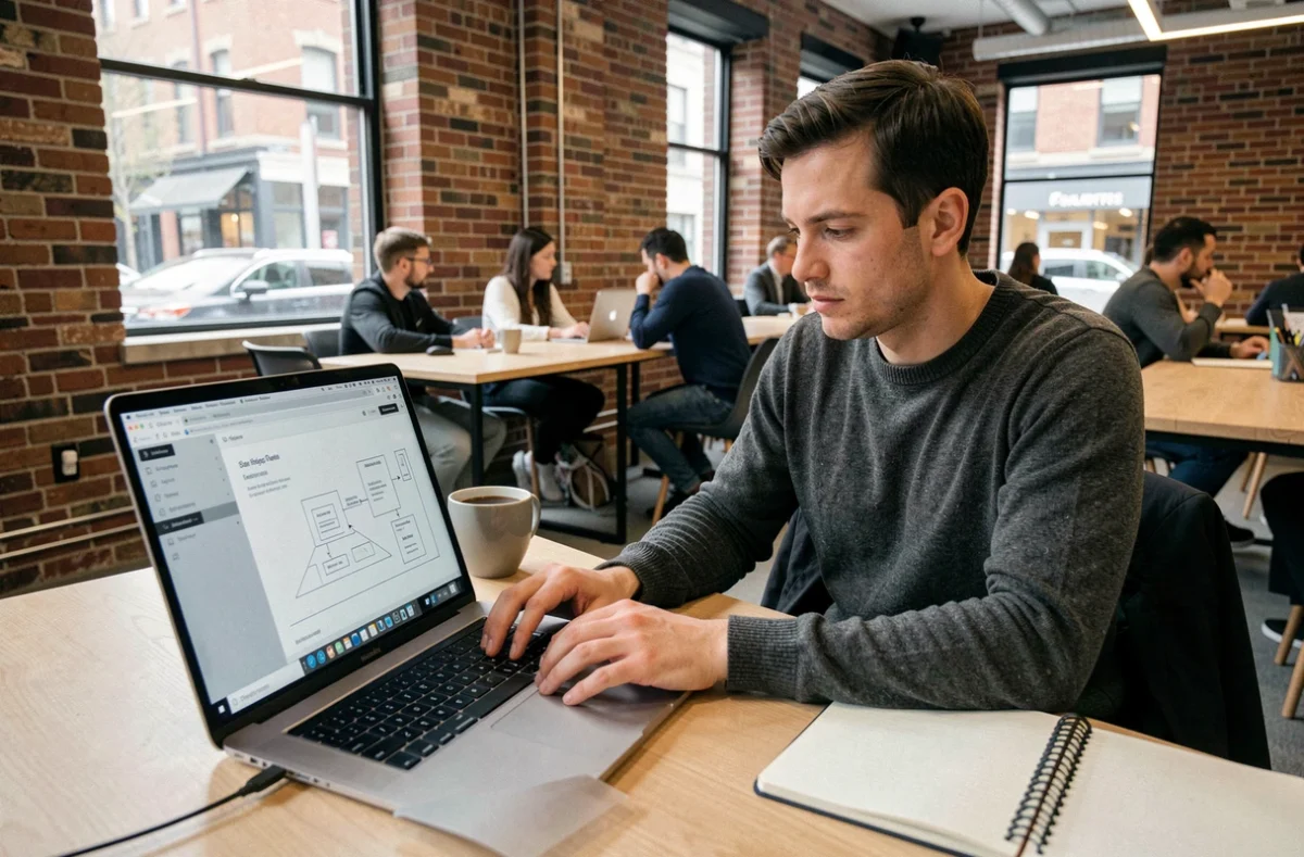 Développeur web freelance travaillant sur un projet de site pour PME dans un espace de coworking moderne