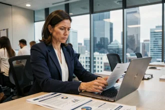 Femme manager analysant les performances d'une équipe business autour d'une table de réunion professionnelle