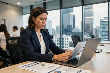 Femme manager analysant les performances d'une équipe business autour d'une table de réunion professionnelle