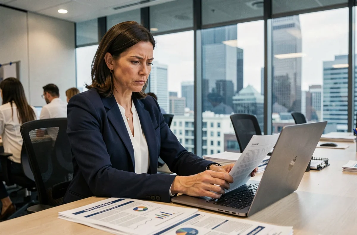 Femme manager analysant les performances d'une équipe business autour d'une table de réunion professionnelle