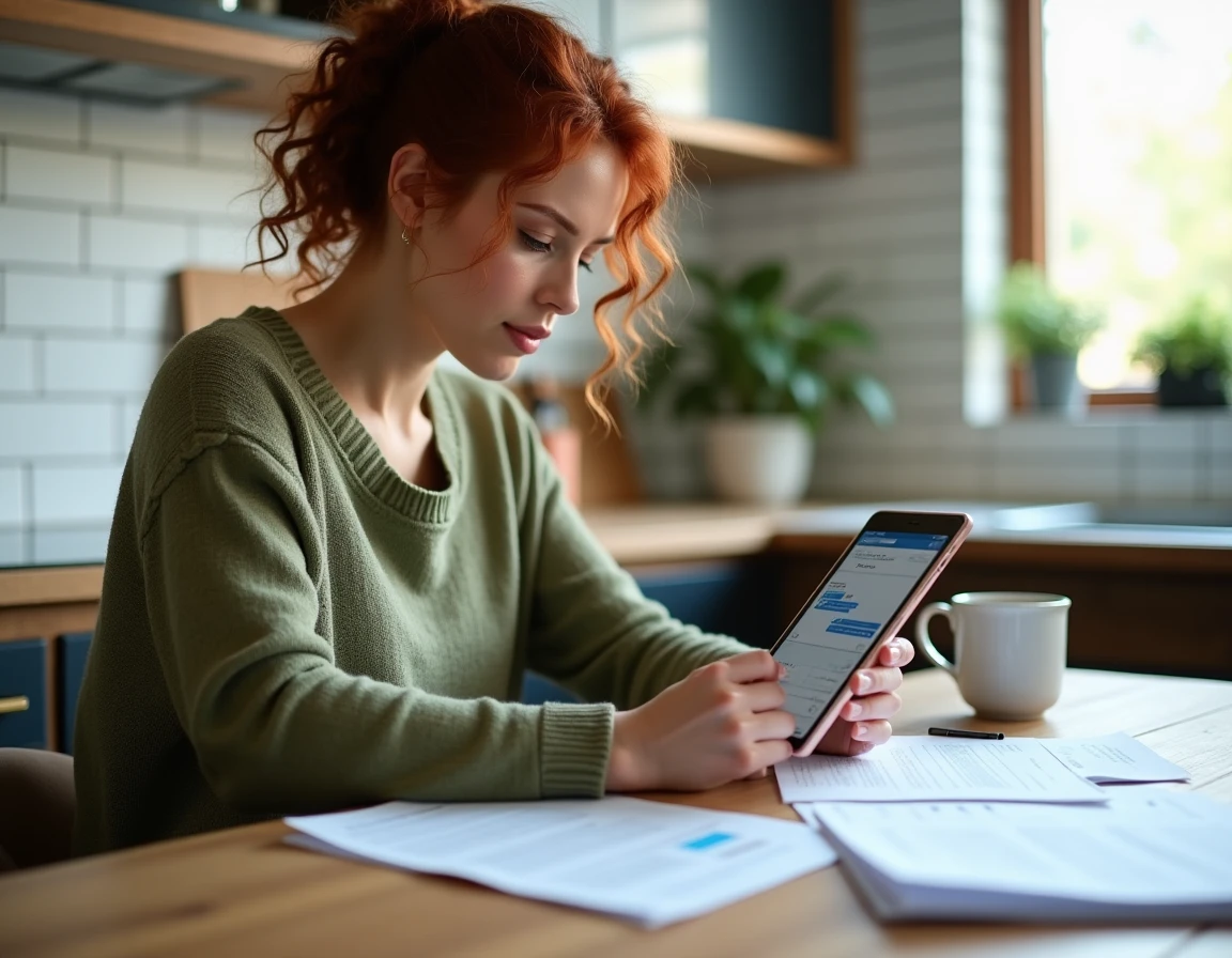 Jeune femme gérant ses fiches de paie en ligne sur une tablette à la maison, abandonnant les documents papier