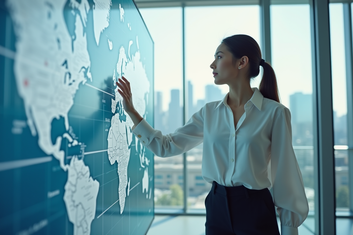 Jeune femme gestionnaire de la supply chain devant une carte digitale