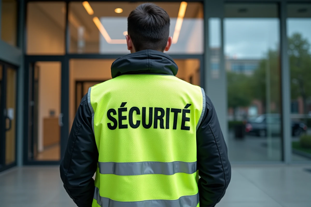 Agent de sécurité portant un gilet haute visibilité jaune personnalisé avec l'inscription SÉCURITÉ dans le dos, à l'entrée d'un bâtiment d'entreprise moderne