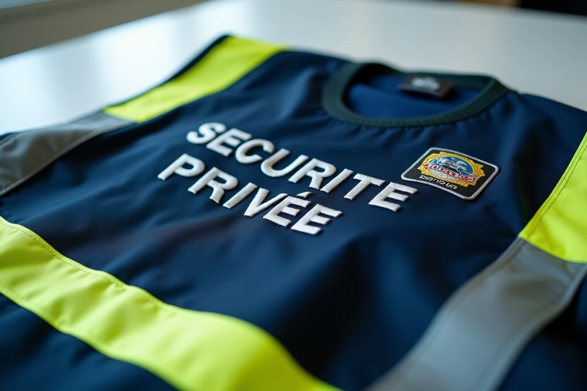 Gilet de sécurité privée bleu marine personnalisé avec broderie argentée et bandes réfléchissantes posé sur une table, vue en détail macro