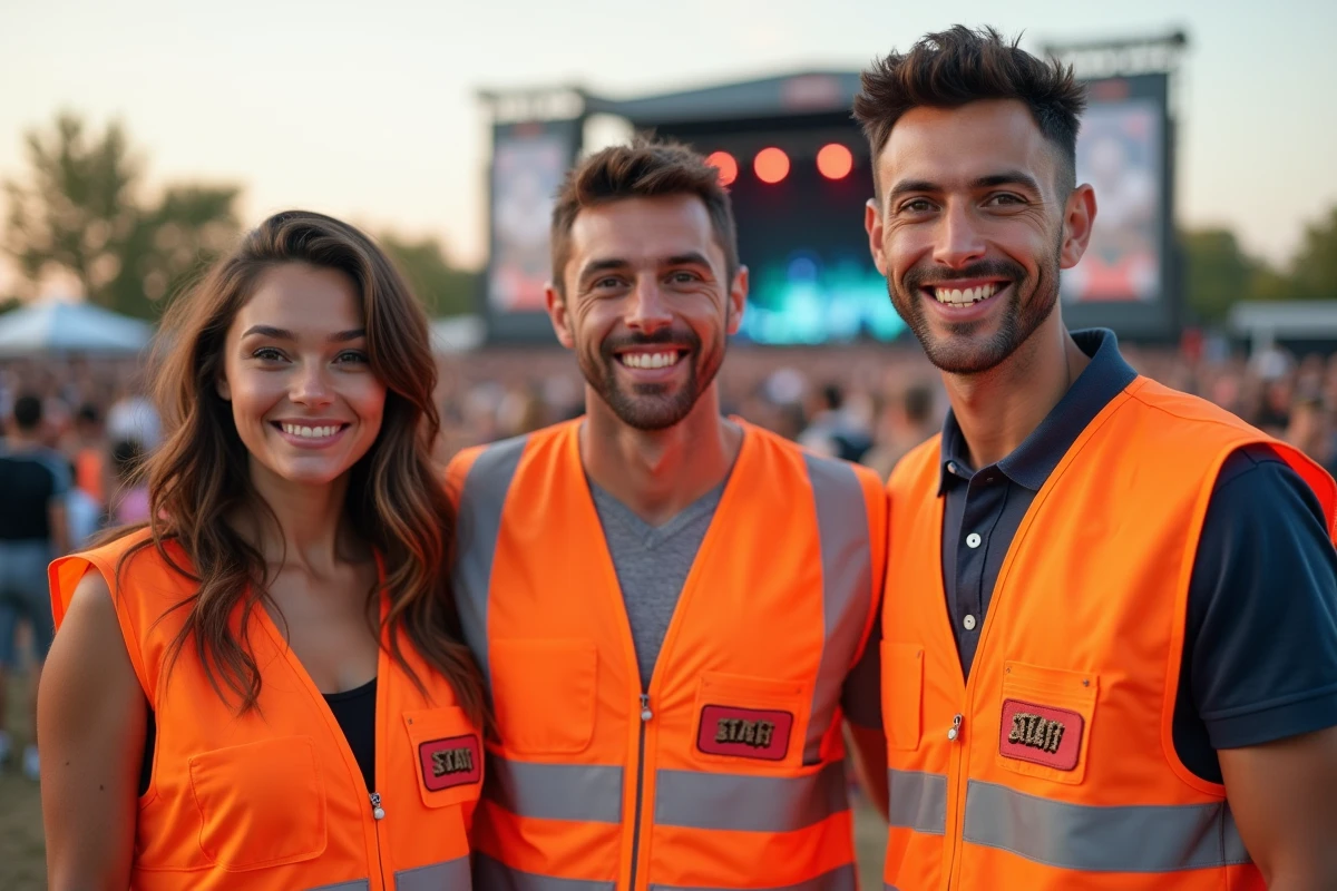 Équipe de staff événementiel portant des gilets de sécurité orange personnalisés avec logo et inscription STAFF lors d'un festival en plein air
