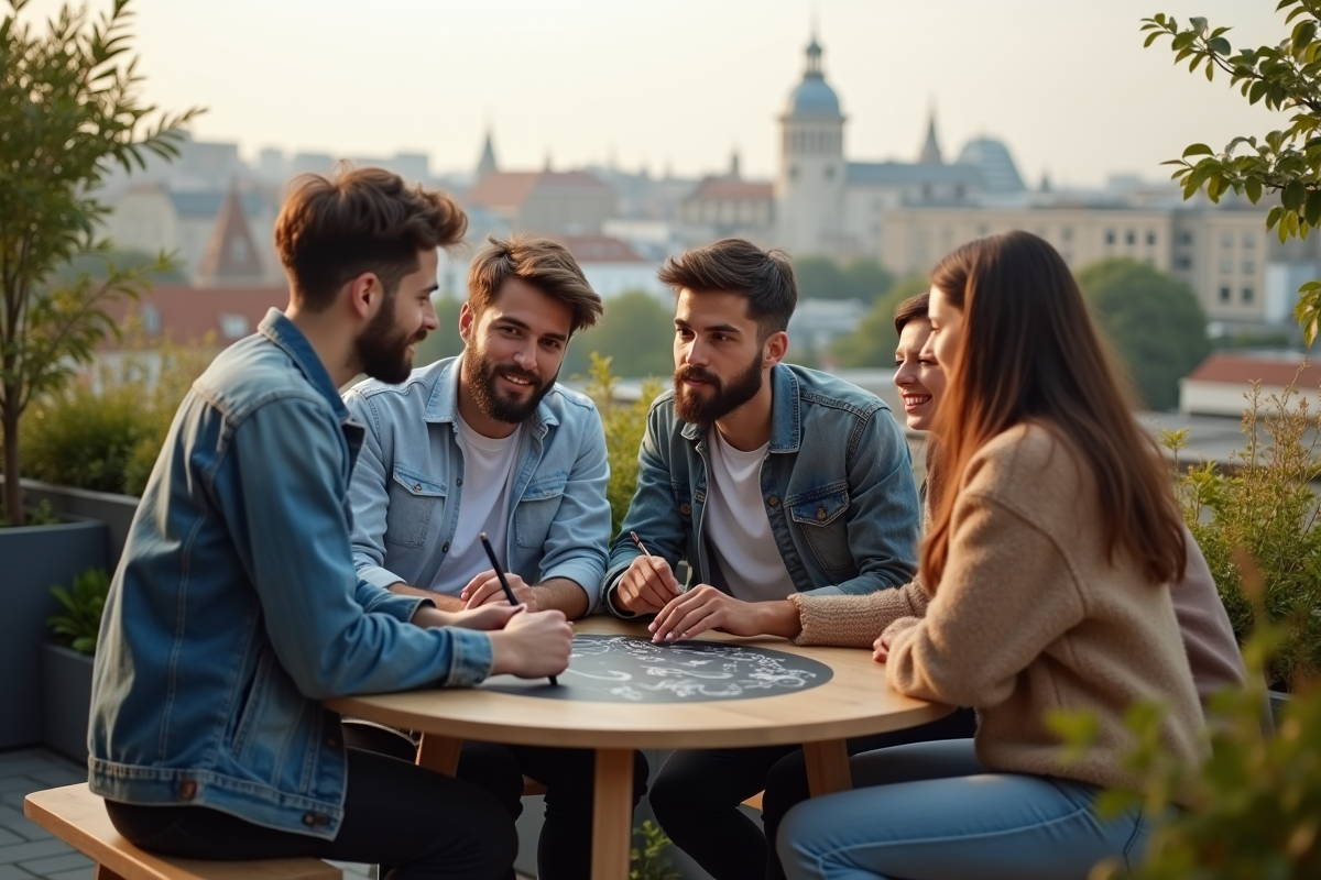 Groupe diversifié en brainstorming sur un rooftop urbain
