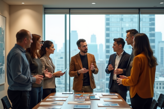 Groupe de professionnels en réunion dans une salle moderne
