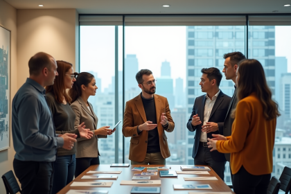Groupe de professionnels en réunion dans une salle moderne