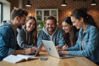 Groupe de jeunes adultes en coworking collaborant