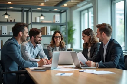 Groupe de professionnels en r&eacute;union dans un bureau moderne