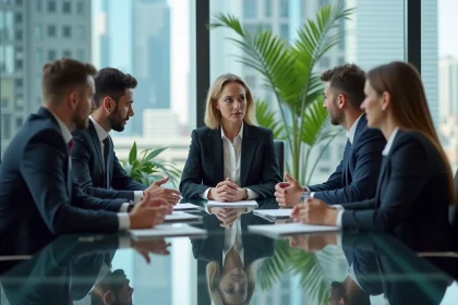 Groupe de professionnels en r&eacute;union dans un bureau moderne