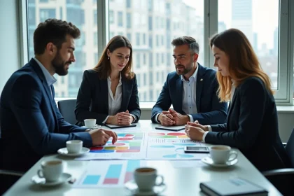 Groupe de professionnels en réunion marketing dans un bureau moderne