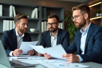 Trois professionnels discutant de rapports PVF Qocivarvox en réunion