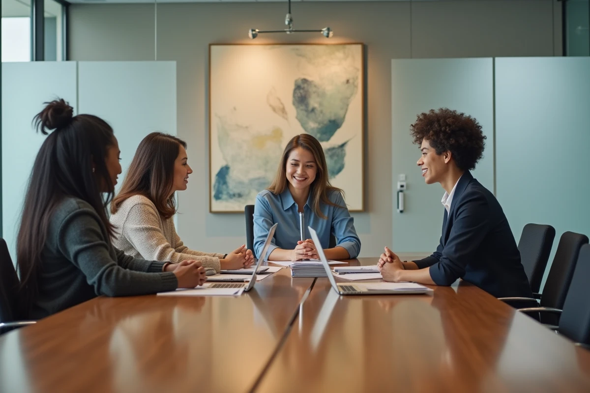 Groupe de collègues en discussion dans une salle de réunion
