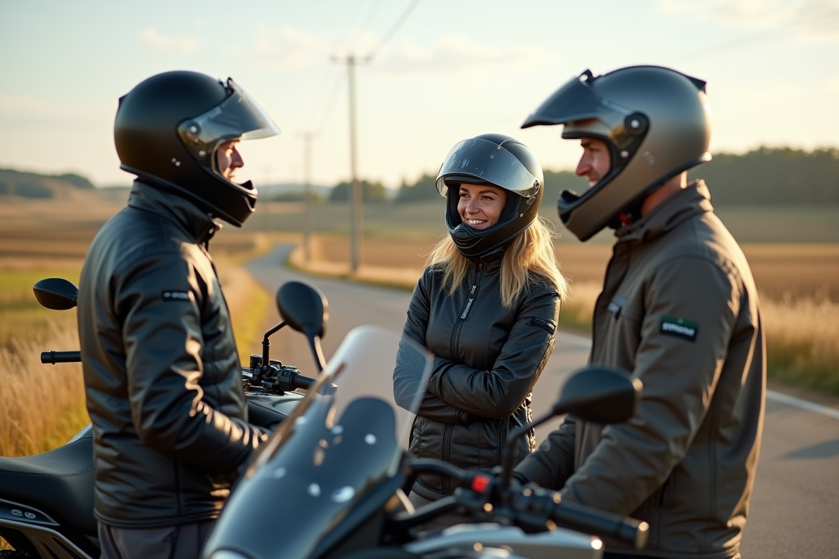 Groupe de motards souriants avec motos en campagne