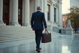 Homme d'affaires sortant d'un bâtiment officiel avec colonnes