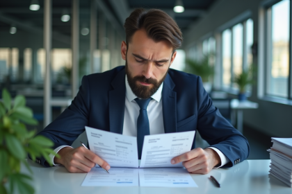 Homme d'affaires examine des factures dans un bureau