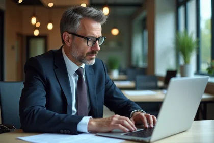 Homme d'affaires en costume examine des documents