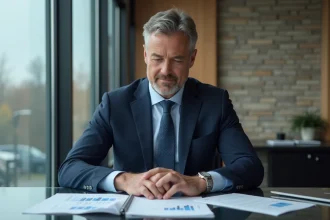 Homme d'affaires en costume navy dans un bureau moderne