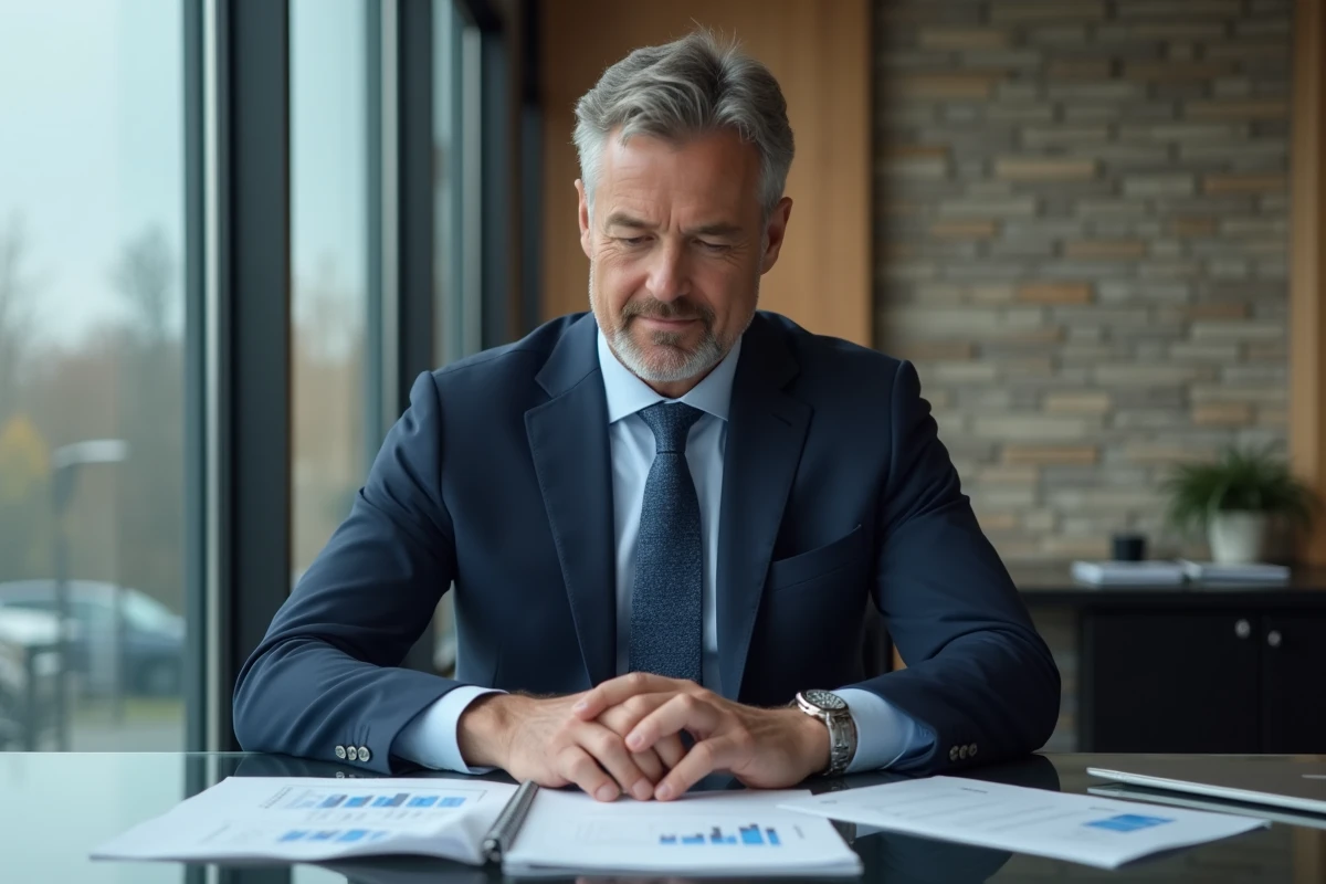 Homme d'affaires en costume navy dans un bureau moderne