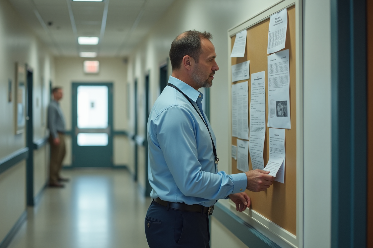 Homme affichant une lettre de plainte dans un couloir
