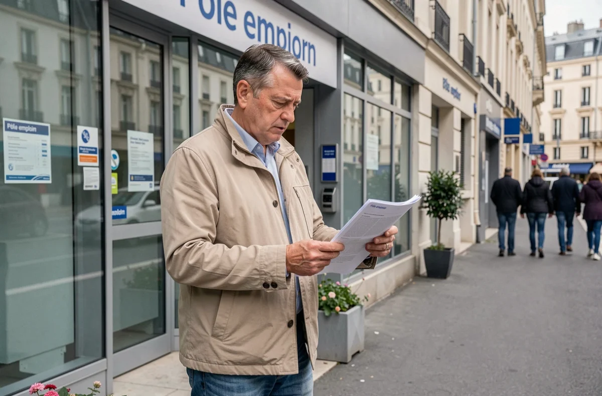 Un homme consulte des documents sur ses droits devant l'entrée d'une agence Pôle emploi en ville