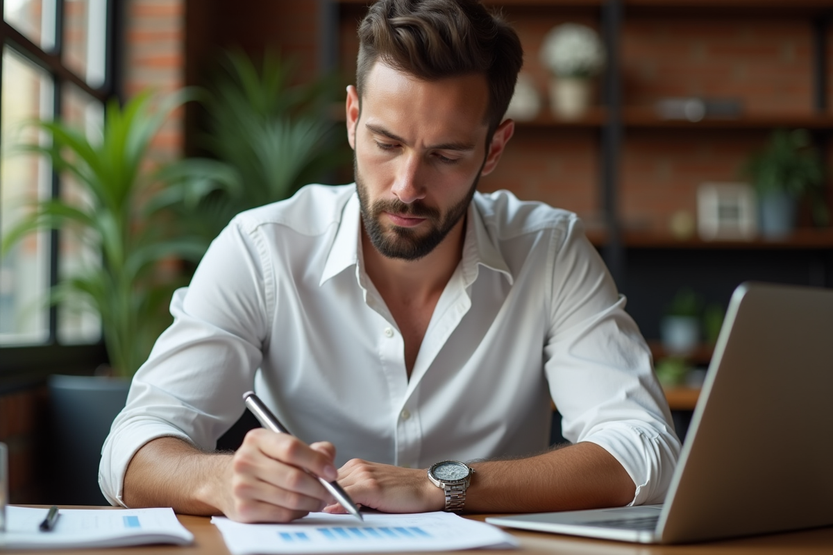Homme concentré analyse des graphiques dans un café coworking