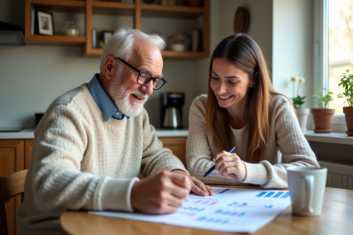 Homme âgé analysant un forecast financier avec une comptable à la maison