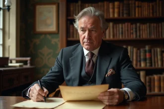 Homme d'âge moyen en costume en train d'examiner des documents anciens