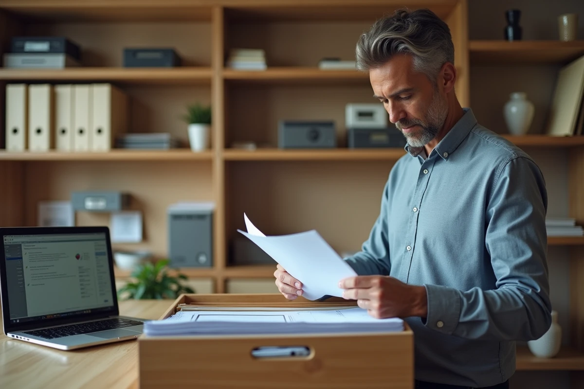 Homme range des documents Kbis dans un bureau s&eacute;curis&eacute; &agrave; domicile