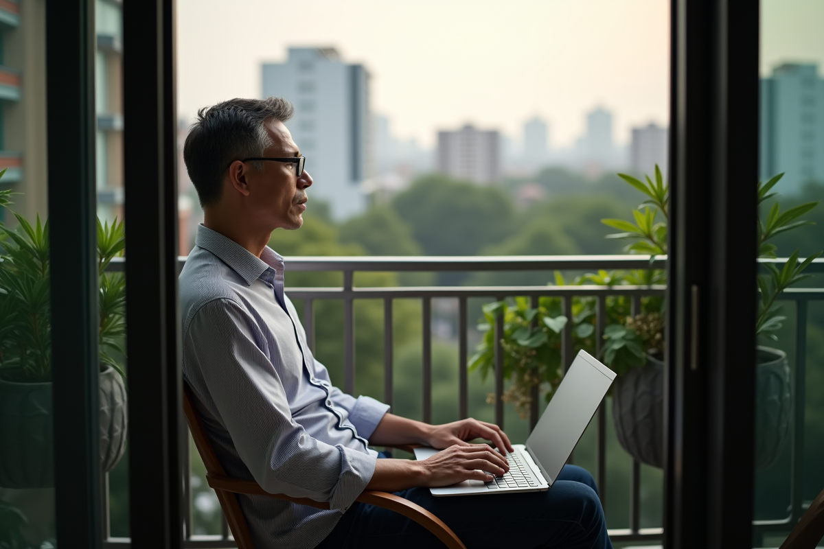 Homme méditant sur un balcon avec vue sur la ville verte