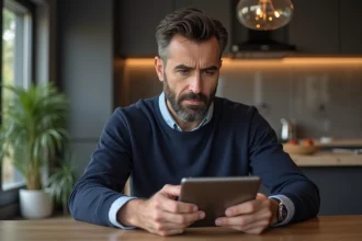Homme pensif avec tablette dans une cuisine chaleureuse
