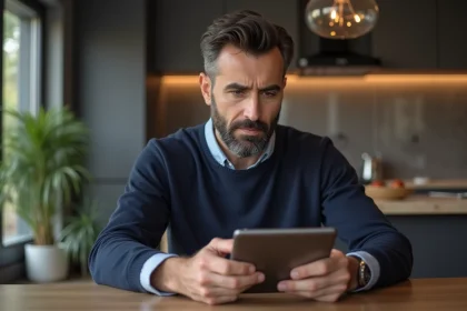 Homme pensif avec tablette dans une cuisine chaleureuse