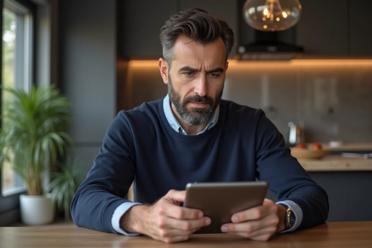 Homme pensif avec tablette dans une cuisine chaleureuse