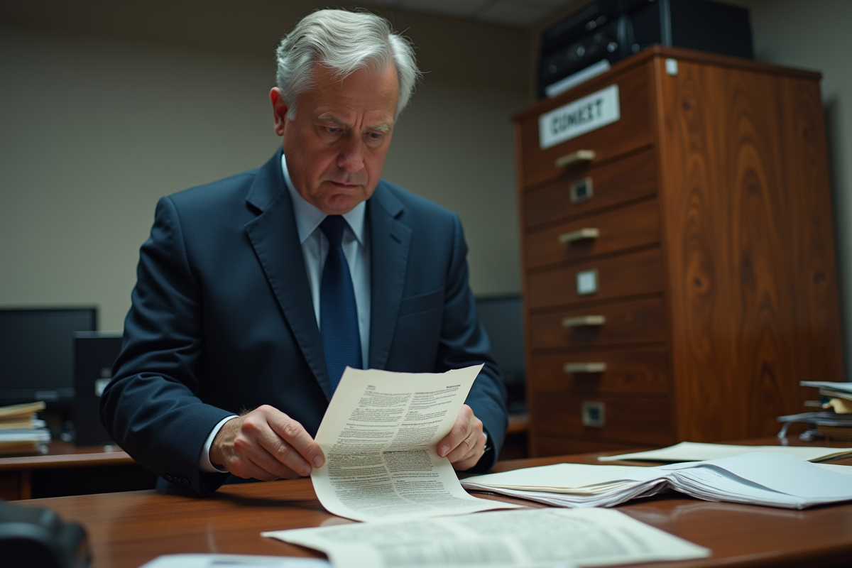 Homme en costume examine un contrat endommagé par l'eau dans un bureau en désordre