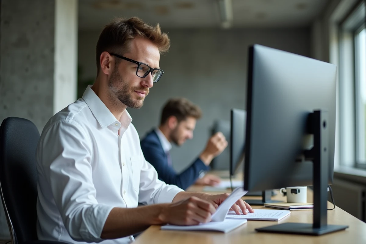 Homme en télétravail dans un espace de coworking avec double écran, illustrant un métier numérique sécurisé en CDI