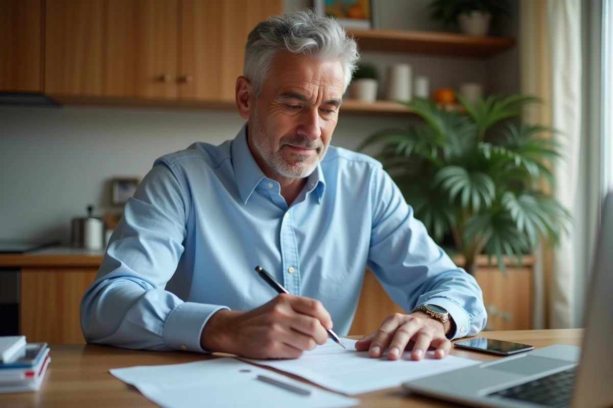 Homme d &acirc;ge moyen remplissant un formulaire &agrave; la maison
