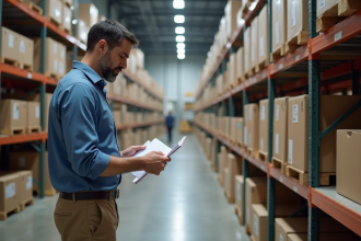 Homme d'âge moyen vérifiant inventaire dans un entrepôt moderne
