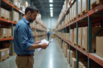 Homme d'âge moyen vérifiant inventaire dans un entrepôt moderne