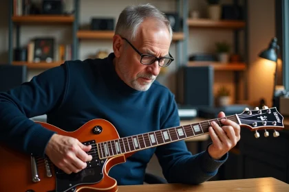 Homme d'âge moyen inspectant sa guitare électrique dans un studio